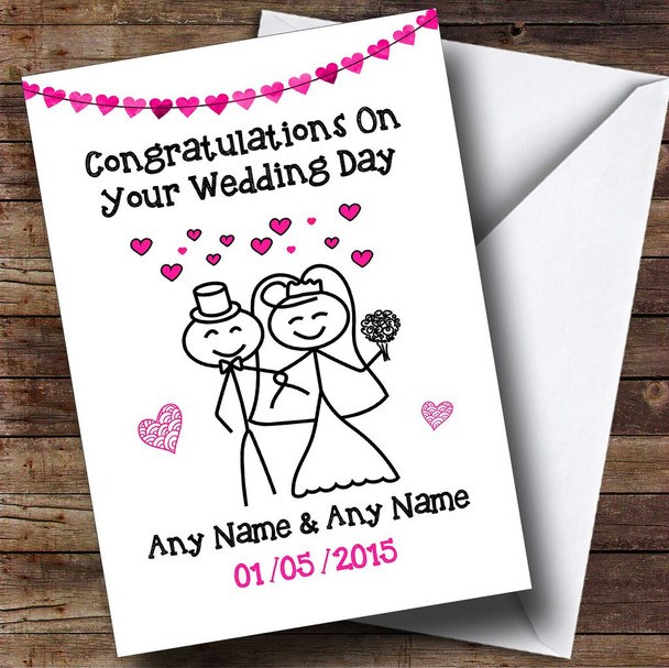 Doodle Happy Couple Pink Personalised Wedding Card