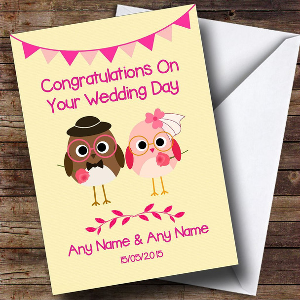 Cute Pink & Yellow Owls Personalised Wedding Card