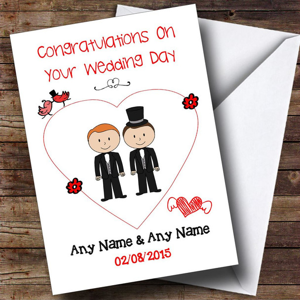 Cute Doodle Gay Male Couple Red Haired Personalised Wedding Card