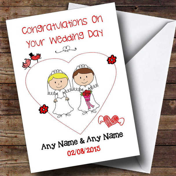 Cute Doodle Gay Lesbian Female Couple Blonde Brunette Personalised Wedding Card