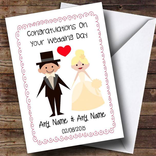 Cute Doodle Frame & Heart Blonde Bride Personalised Wedding Card