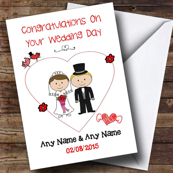 Cute Doodle Blonde Groom Dark Haired Bride Personalised Wedding Card