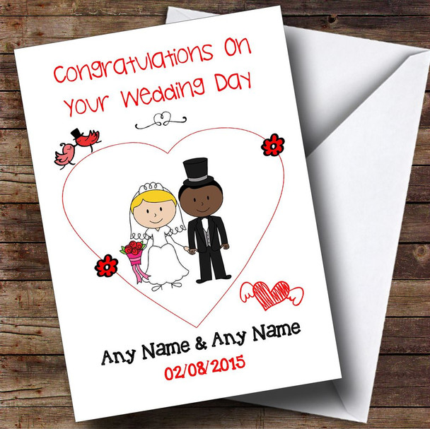 Cute Doodle Black Groom White Bride Personalised Wedding Card