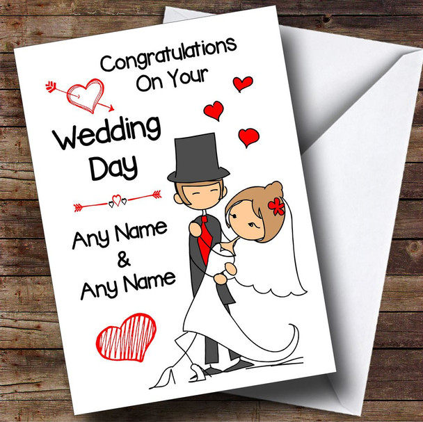 Cartoon Bride and Groom Personalised Wedding Card