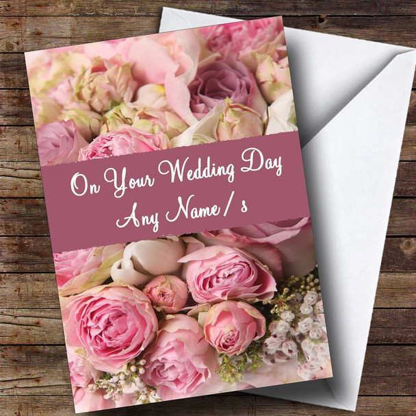 Gorgeous Pink Roses Personalised Wedding Day Card