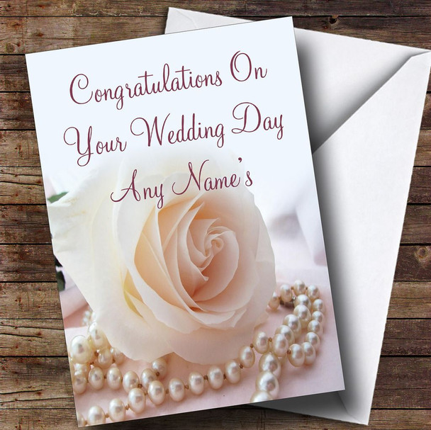 Beautiful Rose Pearls Personalised Wedding Day Card