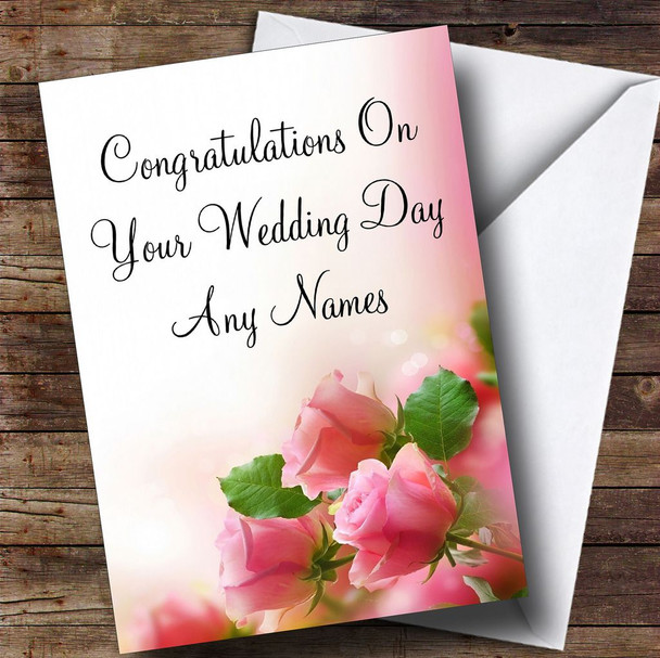 Beautiful Soft Pink Pastel Roses Personalised Wedding Day Card