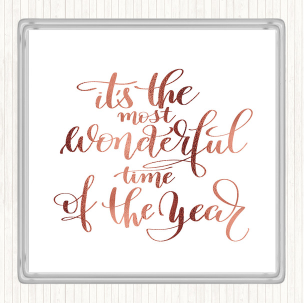 Rose Gold Its The Most Wonderful Time Of Year Quote Drinks Mat Coaster