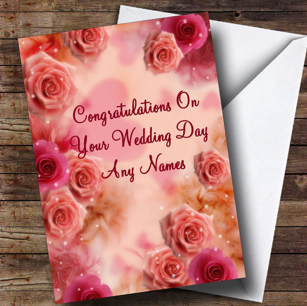 Pretty Pink Flowers Romantic Personalised Wedding Day Card