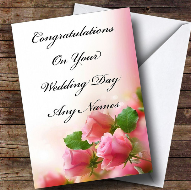 Cute Pink Roses Romantic Personalised Wedding Day Card