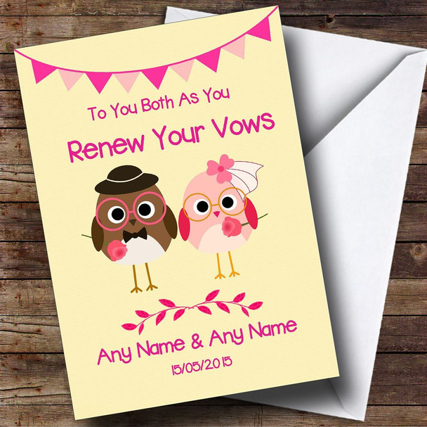 Cute Pink & Yellow Owls Personalised Renewal Of Vows Card