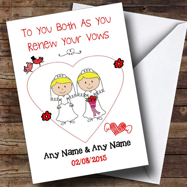 Doodle Gay Lesbian Female Couple Both Blonde Personalised Renewal Of Vows Card