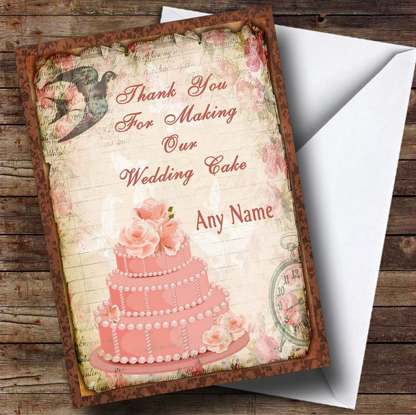 Gorgeous Pink Vintage Bird & Wedding Cake Personalised Thank You Card