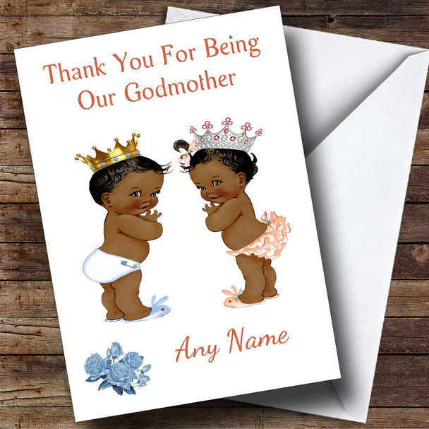 Cute Twin Black Boy & Girl Godmother Personalised Thank You Card