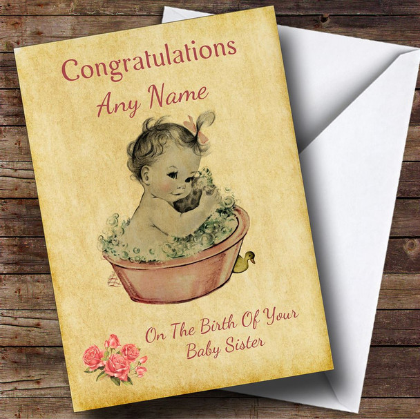 Pretty Vintage Pink Baby Girl Sister Personalised Sibling Card