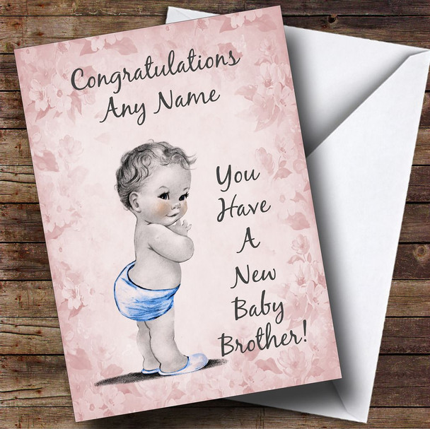 Pink Vintage Baby New Baby Brother Personalised Sibling Card