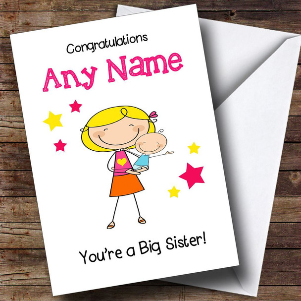 Blonde Big Sister Congratulations New Baby Boy Brother Personalised Sibling Card