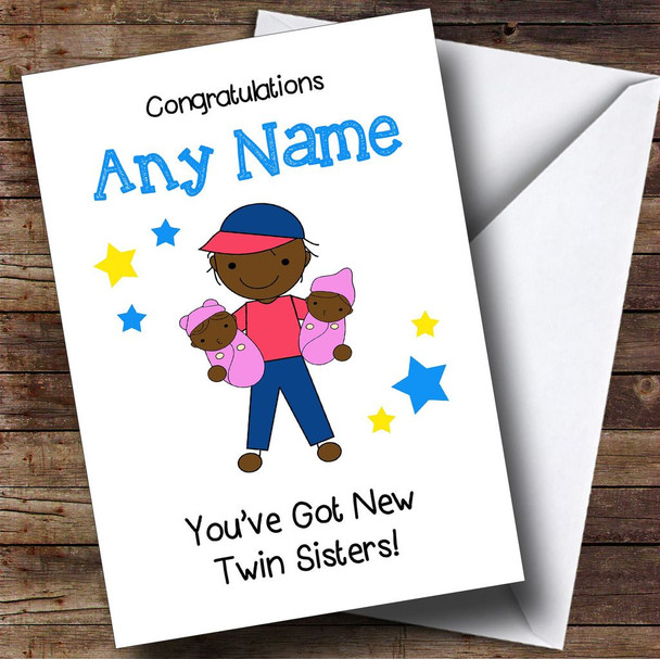 Black Congratulations New Baby Twin Sisters Girls Personalised Sibling Card