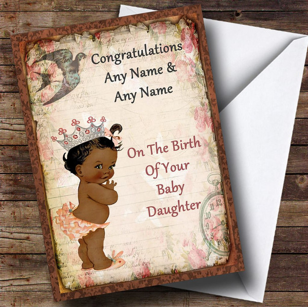 Vintage Black Baby Girl Personalised New Baby Card