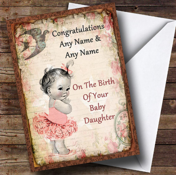 Vintage Baby Girl Personalised New Baby Card