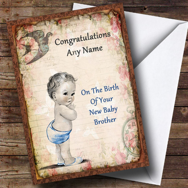 Vintage Baby Boy Brother Personalised New Baby Card