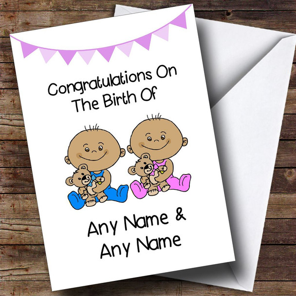 New Baby Arrival Baby Boy & Girl Twins Brown Skinned Personalised New Baby Card