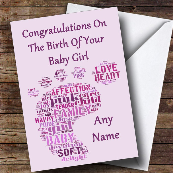 Pink Purple Footprint Girl Personalised New Baby Card