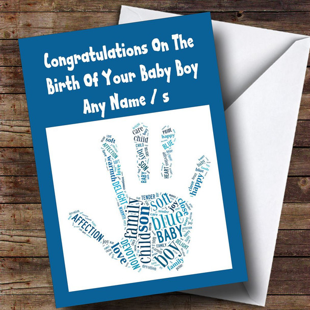 Blue Boy Word Art Handprint Personalised New Baby Card