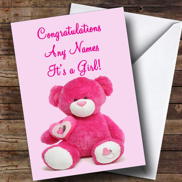 Pink Teddy It's A Girl Personalised New Baby Card