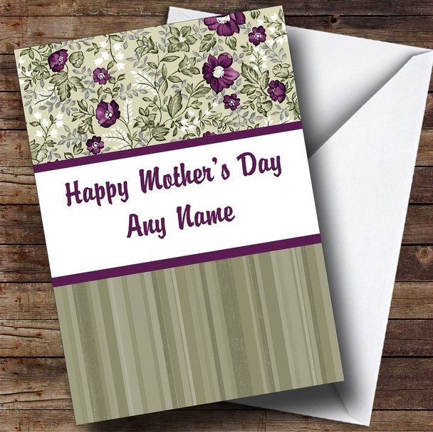 Stripe & Vintage Purple Sage Green Floral Personalised Mother's Day Card