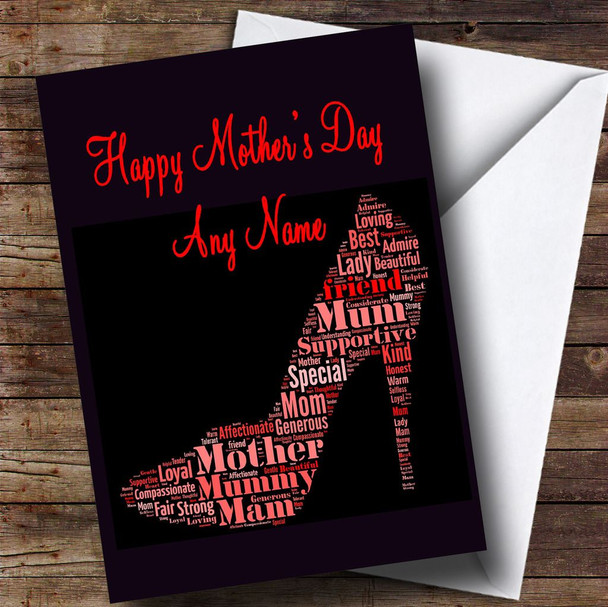 Black Red Shoe Word Art Personalised Mother's Day Card