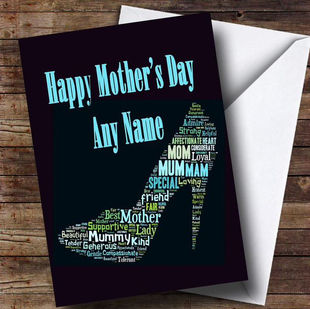 Aqua Blue Shoe Word Art Personalised Mother's Day Card