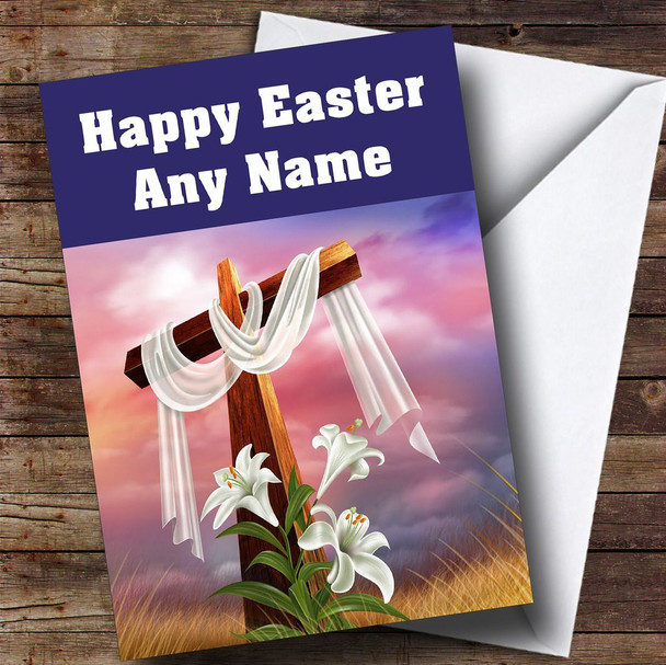 Crucifix Cross And Lily Flowers Personalised Easter Card