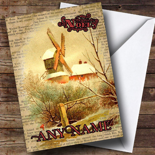 Old Newspaper Windmill Scene Vintage Traditional Personalised Christmas Card