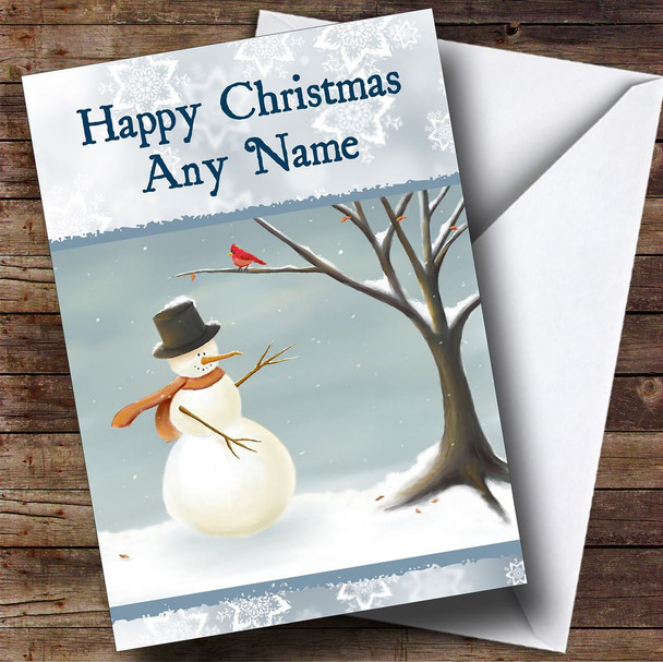 Blue Snowman And Robin Christmas Card Personalised