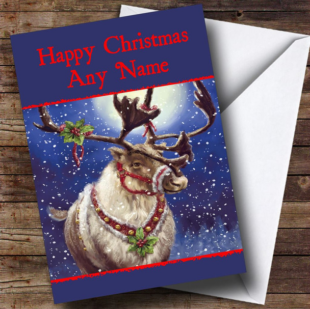 Snowing Reindeer Blue Christmas Card Personalised