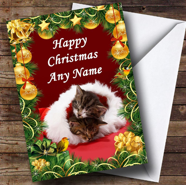 Sleeping Kittens Golden Baubles Christmas Card Personalised