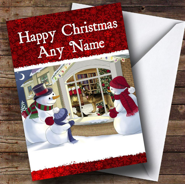 Red Snowmen And Dog Christmas Card Personalised