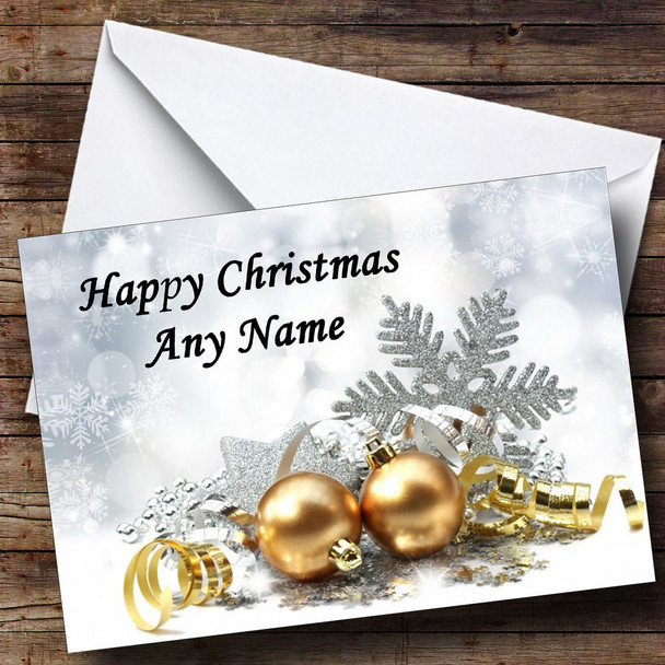 Gold Baubles Christmas Card Personalised