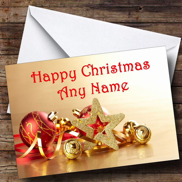 Gold And Red Baubles Christmas Card Personalised