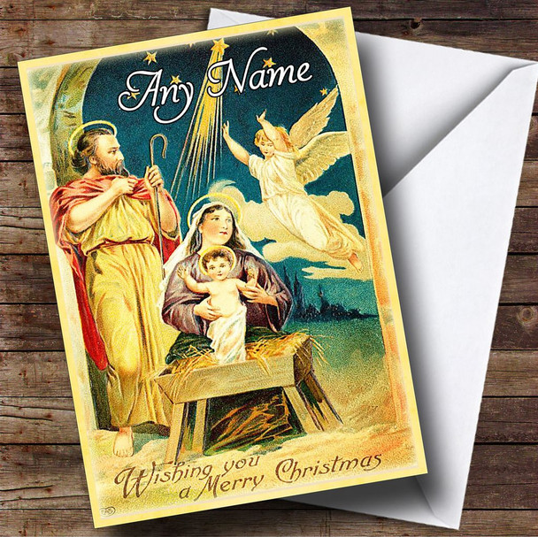 Angel Stable Scene Vintage Traditional Personalised Christmas Card