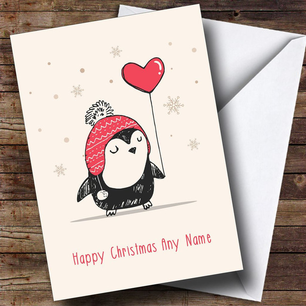 Love Heart Balloon Penguin Personalised Christmas Card