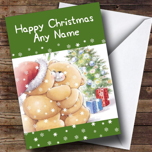 Cuddling Bears Green Christmas Card Personalised