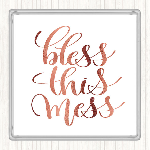 Rose Gold Bless This Mess Quote Drinks Mat Coaster