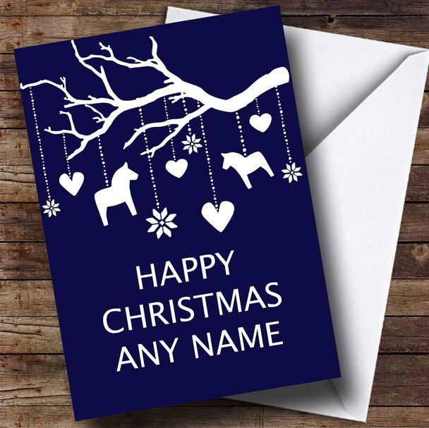 Rocking Horse Tree Blue Personalised Christmas Card