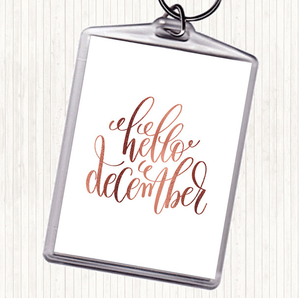 Rose Gold Christmas Hello December Quote Bag Tag Keychain Keyring