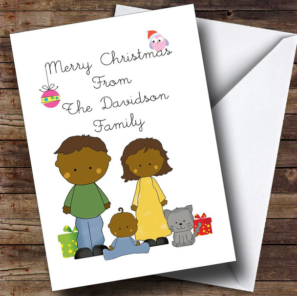 From Our Family Dark Skin Grey Cat Personalised Christmas Card