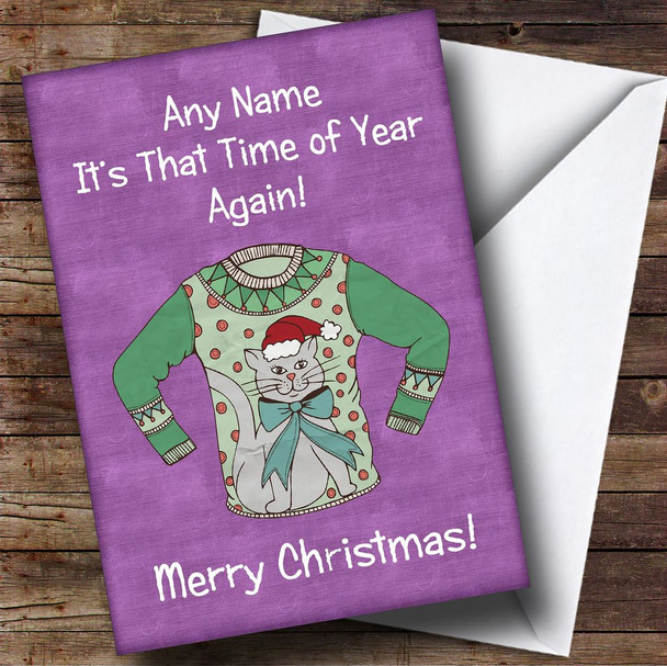 Cat Jumper Purple Personalised Christmas Card