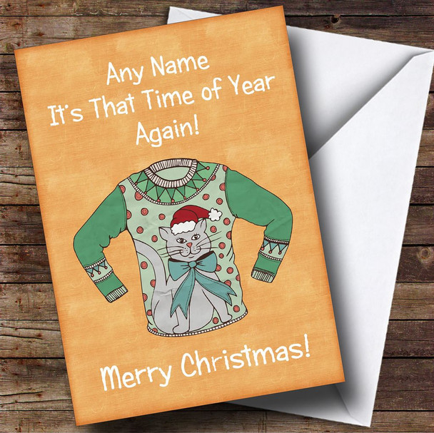 Cat Jumper Orange Personalised Christmas Card