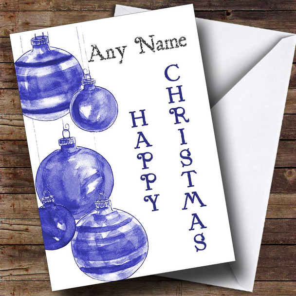 Blue Watercolour Baubles Personalised Christmas Card